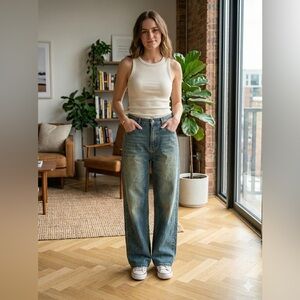 SHEIN Y2K Easy Bar Coffee Graphic Wide Leg Jeans Blue Wash Size M US 6